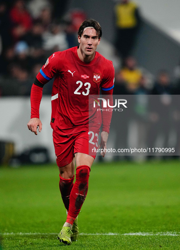 Dusan Vlahovic of Serbia  looks on during the Nations League Round 6 match between Serbia qnd Denmark at Dubocica Stadium, Leskovac, Serbia...