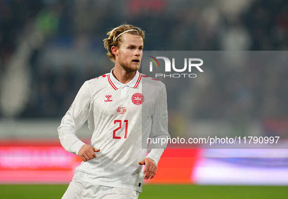 Morten Hjulmand of Denmark  looks on during the Nations League Round 6 match between Serbia qnd Denmark at Dubocica Stadium, Leskovac, Serbi...