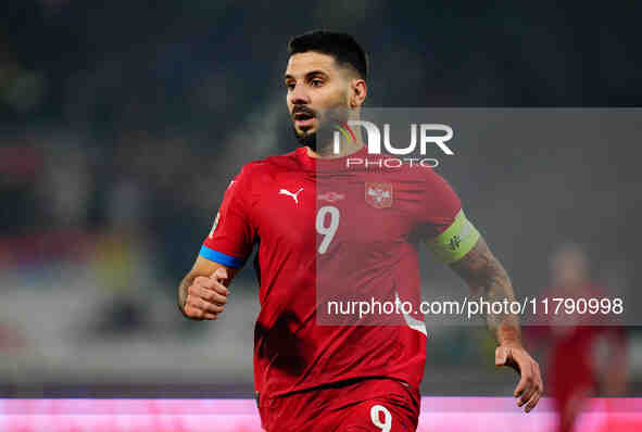 Aleksandar Mitrovic of Serbia  looks on during the Nations League Round 6 match between Serbia qnd Denmark at Dubocica Stadium, Leskovac, Se...