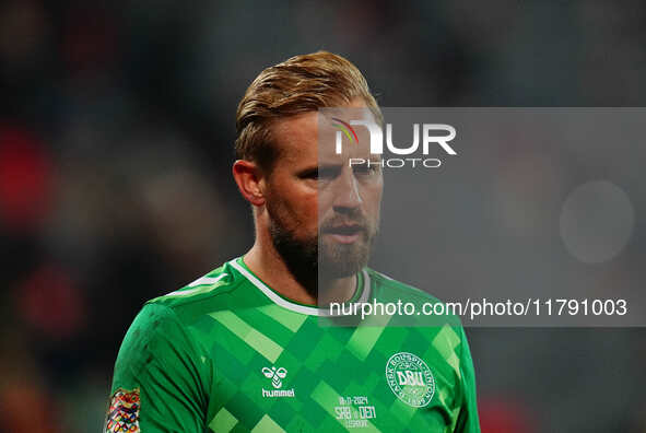 Kasper Schmeichel of Denmark  looks on during the Nations League Round 6 match between Serbia qnd Denmark at Dubocica Stadium, Leskovac, Ser...