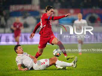 Dusan Vlahovic of Serbia  controls the ball during the Nations League Round 6 match between Serbia qnd Denmark at Dubocica Stadium, Leskovac...