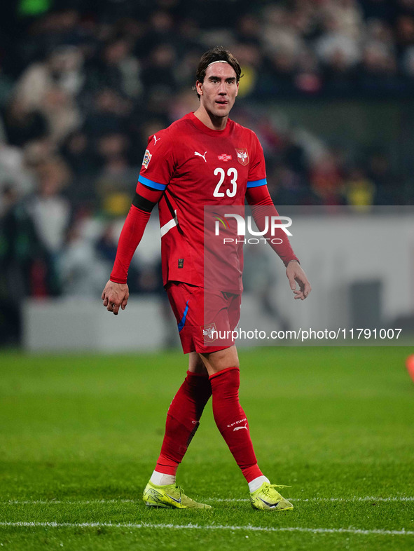 Dusan Vlahovic of Serbia  looks on during the Nations League Round 6 match between Serbia qnd Denmark at Dubocica Stadium, Leskovac, Serbia...