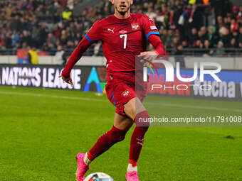 Aleksa Terzic of Serbia  looks on during the Nations League Round 6 match between Serbia qnd Denmark at Dubocica Stadium, Leskovac, Serbia o...