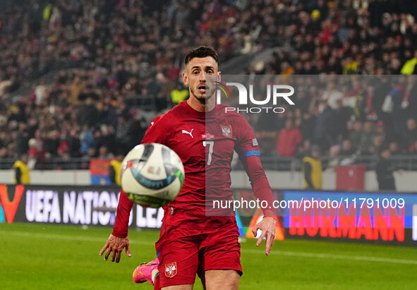 Aleksa Terzic of Serbia  looks on during the Nations League Round 6 match between Serbia qnd Denmark at Dubocica Stadium, Leskovac, Serbia o...