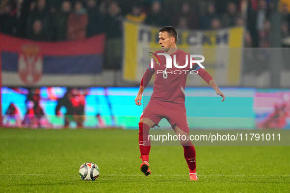 Nemanja Maksimovic of Serbia  controls the ball during the Nations League Round 6 match between Serbia qnd Denmark at Dubocica Stadium, Lesk...