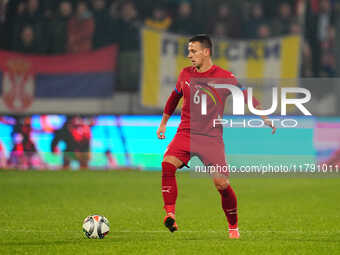 Nemanja Maksimovic of Serbia  controls the ball during the Nations League Round 6 match between Serbia qnd Denmark at Dubocica Stadium, Lesk...