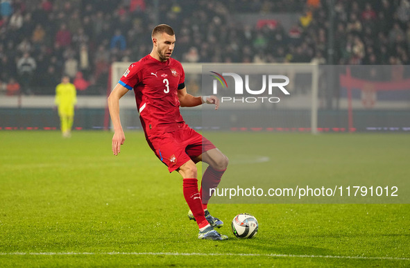 Strahinja Pavlovic of Serbia  controls the ball during the Nations League Round 6 match between Serbia qnd Denmark at Dubocica Stadium, Lesk...