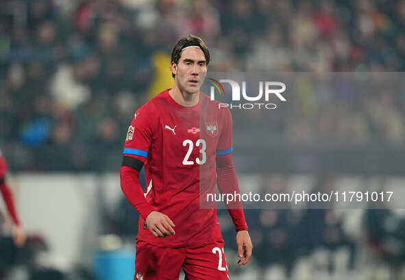 Dusan Vlahovic of Serbia  looks on during the Nations League Round 6 match between Serbia qnd Denmark at Dubocica Stadium, Leskovac, Serbia...