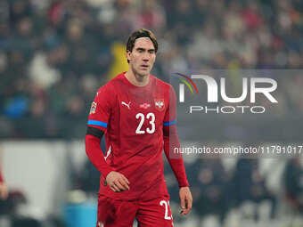 Dusan Vlahovic of Serbia  looks on during the Nations League Round 6 match between Serbia qnd Denmark at Dubocica Stadium, Leskovac, Serbia...