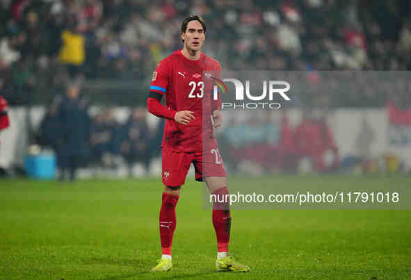 Dusan Vlahovic of Serbia  looks on during the Nations League Round 6 match between Serbia qnd Denmark at Dubocica Stadium, Leskovac, Serbia...