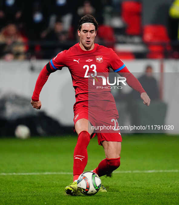 Dusan Vlahovic of Serbia  controls the ball during the Nations League Round 6 match between Serbia qnd Denmark at Dubocica Stadium, Leskovac...