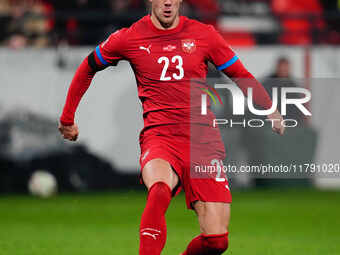 Dusan Vlahovic of Serbia  controls the ball during the Nations League Round 6 match between Serbia qnd Denmark at Dubocica Stadium, Leskovac...