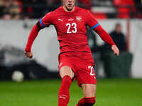 Dusan Vlahovic of Serbia  controls the ball during the Nations League Round 6 match between Serbia qnd Denmark at Dubocica Stadium, Leskovac...