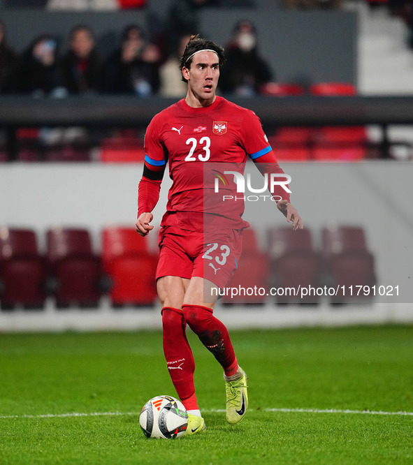 Dusan Vlahovic of Serbia  controls the ball during the Nations League Round 6 match between Serbia qnd Denmark at Dubocica Stadium, Leskovac...