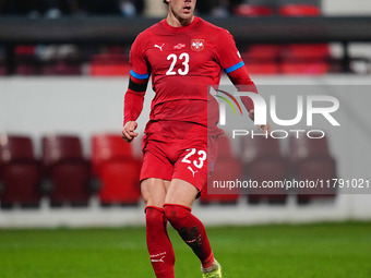 Dusan Vlahovic of Serbia  controls the ball during the Nations League Round 6 match between Serbia qnd Denmark at Dubocica Stadium, Leskovac...