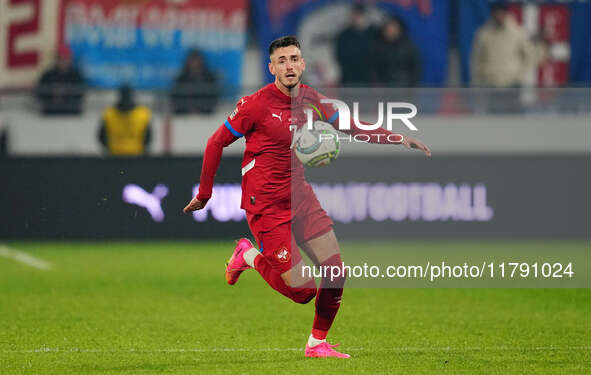 Aleksa Terzic of Serbia  controls the ball during the Nations League Round 6 match between Serbia qnd Denmark at Dubocica Stadium, Leskovac,...