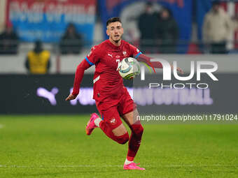 Aleksa Terzic of Serbia  controls the ball during the Nations League Round 6 match between Serbia qnd Denmark at Dubocica Stadium, Leskovac,...