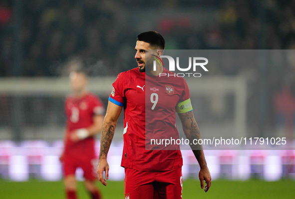 Aleksandar Mitrovic of Serbia  looks on during the Nations League Round 6 match between Serbia qnd Denmark at Dubocica Stadium, Leskovac, Se...