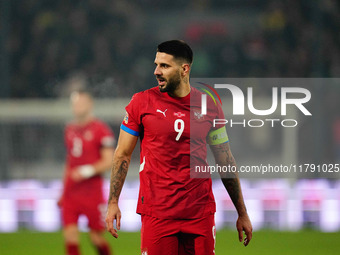 Aleksandar Mitrovic of Serbia  looks on during the Nations League Round 6 match between Serbia qnd Denmark at Dubocica Stadium, Leskovac, Se...