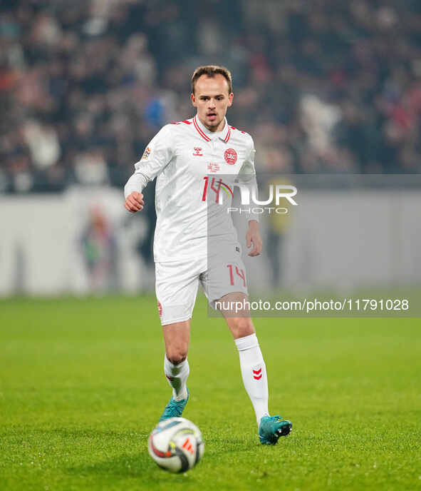 Mikkel Damsgaard of Denmark  controls the ball during the Nations League Round 6 match between Serbia qnd Denmark at Dubocica Stadium, Lesko...