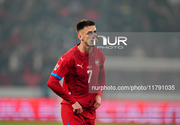 Aleksa Terzic of Serbia  looks on during the Nations League Round 6 match between Serbia qnd Denmark at Dubocica Stadium, Leskovac, Serbia o...