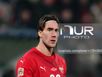 Dusan Vlahovic of Serbia  looks on during the Nations League Round 6 match between Serbia qnd Denmark at Dubocica Stadium, Leskovac, Serbia...