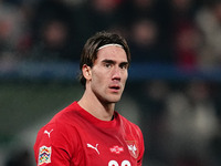 Dusan Vlahovic of Serbia  looks on during the Nations League Round 6 match between Serbia qnd Denmark at Dubocica Stadium, Leskovac, Serbia...