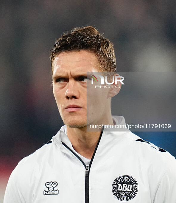 Jannik Vestergaard of Denmark  looks on during the Nations League Round 6 match between Serbia qnd Denmark at Dubocica Stadium, Leskovac, Se...