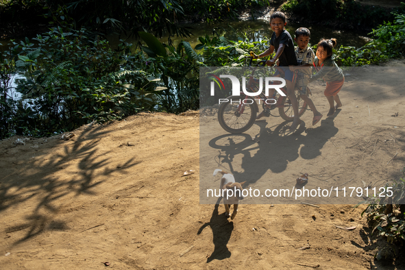 Tribal children ride on a bicycle as a puppy runs beside them in Durgapur, Netrokona, Bangladesh, on November 17, 2024. 