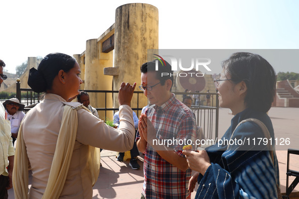 Tourists are welcomed at the historical Jantar Mantar on the occasion of the 297th Foundation of Pink City in Jaipur, Rajasthan, India, on N...