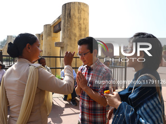 Tourists are welcomed at the historical Jantar Mantar on the occasion of the 297th Foundation of Pink City in Jaipur, Rajasthan, India, on N...