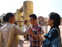 Tourists are welcomed at the historical Jantar Mantar on the occasion of the 297th Foundation of Pink City in Jaipur, Rajasthan, India, on N...