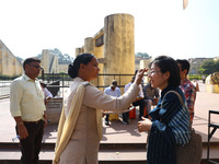 Tourists are welcomed at the historical Jantar Mantar on the occasion of the 297th Foundation of 'Pinkcity' in Jaipur, Rajasthan, India, on...