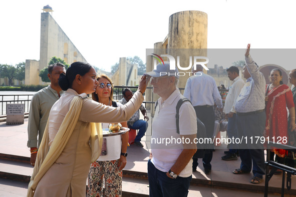 Tourists are welcomed at the historical Jantar Mantar on the occasion of the 297th Foundation of 'Pinkcity' in Jaipur, Rajasthan, India, on...