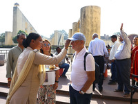 Tourists are welcomed at the historical Jantar Mantar on the occasion of the 297th Foundation of 'Pinkcity' in Jaipur, Rajasthan, India, on...