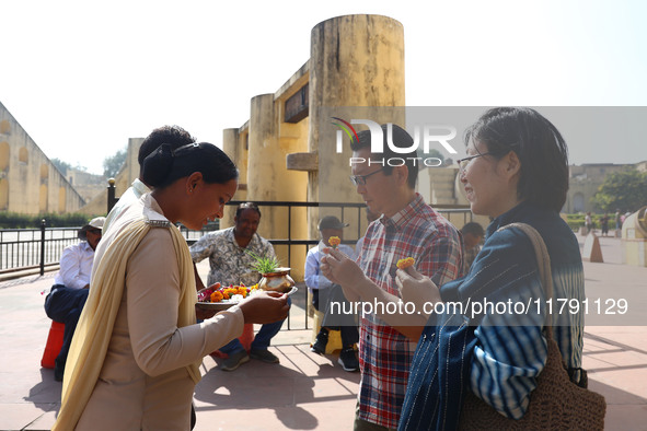 Tourists are welcomed at the historical Jantar Mantar on the occasion of the 297th Foundation of 'Pinkcity' in Jaipur, Rajasthan, India, on...