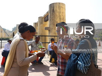 Tourists are welcomed at the historical Jantar Mantar on the occasion of the 297th Foundation of 'Pinkcity' in Jaipur, Rajasthan, India, on...