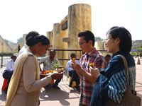 Tourists are welcomed at the historical Jantar Mantar on the occasion of the 297th Foundation of 'Pinkcity' in Jaipur, Rajasthan, India, on...