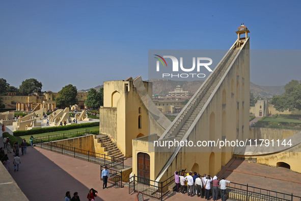 Tourists visit the historical Jantar Mantar on the occasion of the 297th Foundation of 'Pink City' in Jaipur, Rajasthan, India, on November...