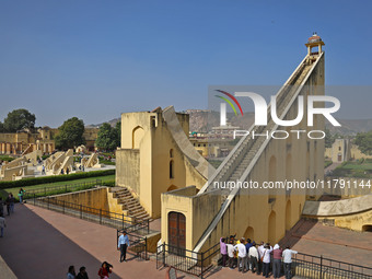 Tourists visit the historical Jantar Mantar on the occasion of the 297th Foundation of 'Pink City' in Jaipur, Rajasthan, India, on November...