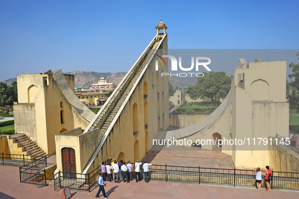 Tourists visit the historical Jantar Mantar on the occasion of the 297th Foundation of 'Pink City' in Jaipur, Rajasthan, India, on November...