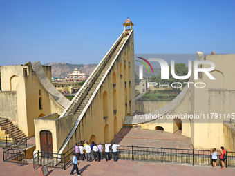 Tourists visit the historical Jantar Mantar on the occasion of the 297th Foundation of 'Pink City' in Jaipur, Rajasthan, India, on November...