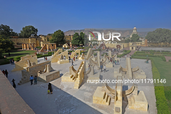 Tourists visit the historical Jantar Mantar on the occasion of the 297th Foundation of 'Pink City' in Jaipur, Rajasthan, India, on November...