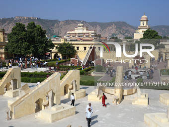 Tourists visit the historical Jantar Mantar on the occasion of the 297th Foundation of 'Pink City' in Jaipur, Rajasthan, India, on November...