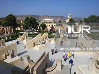 Tourists visit the historical Jantar Mantar on the occasion of the 297th Foundation of 'Pink City' in Jaipur, Rajasthan, India, on November...