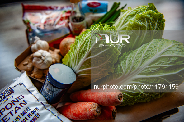 A box contains the ingredients to make South Korean fermented food, Kimchi, on November 10, 2024. 