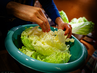 A man salts each loaf of napa cabbage to make Kimchi on November 10, 2024. (