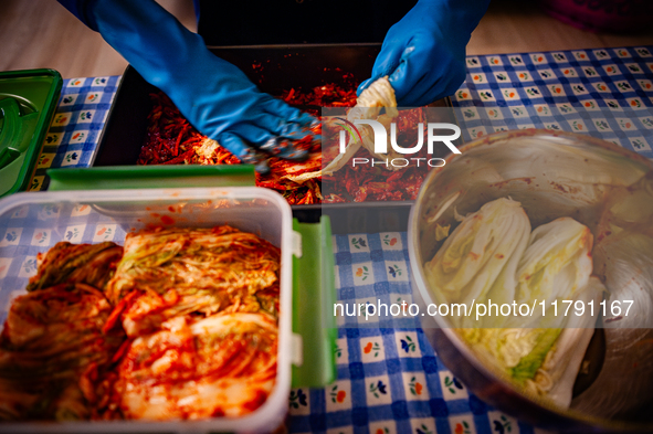 A person soaks the napa cabbage in the kimchi paste during the preparation of fermented Korean food, Kimchi, on November 10, 2024. 