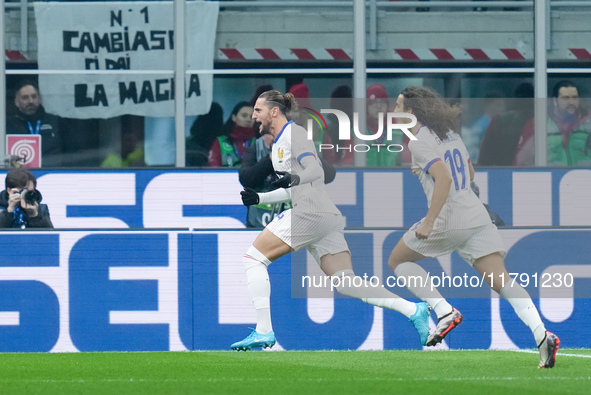 Adrien Rabiot of France celebrates after scoring first goal during the UEFA Nations League 2024/25 League A Group 2 match between Italy and...