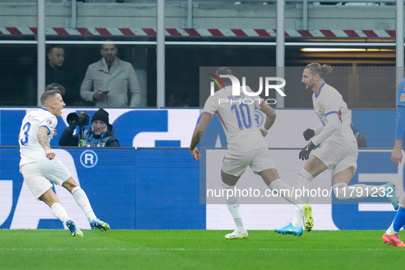 Adrien Rabiot of France celebrates after scoring first goal during the UEFA Nations League 2024/25 League A Group 2 match between Italy and...